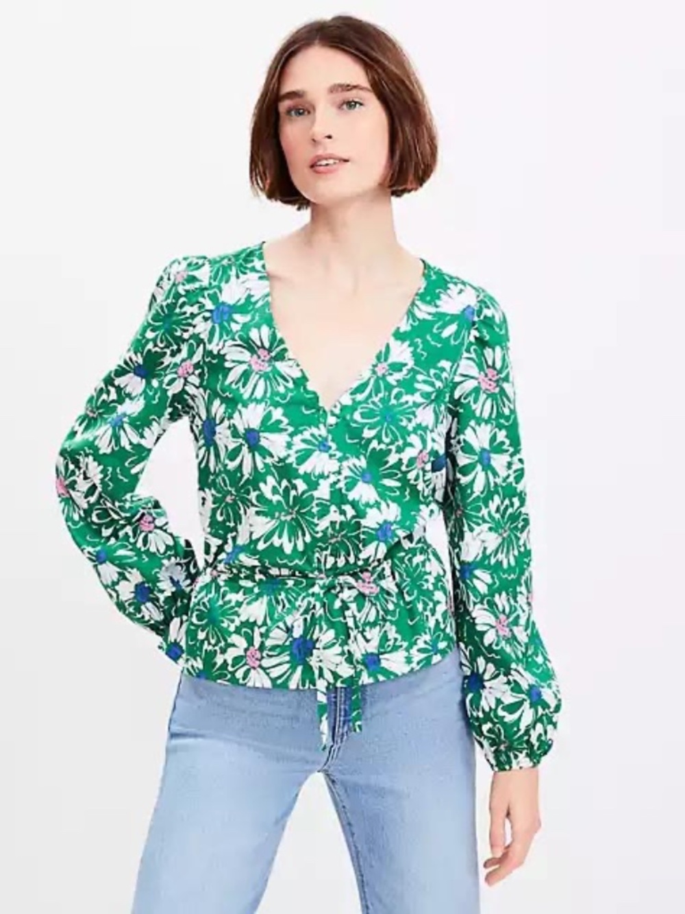 LOFT Green Floral V-Neck Drawstring Blouse - Sz L